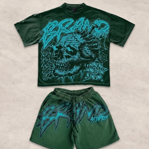 Summer Track Suit Boxy Dtg Crack Screen Print Cropped Acid Wash Vintage Tshirt Shorts Set 2 Piece Short Set Custom Logo - Product Image 6