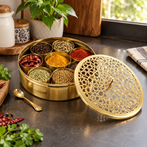Decorative Brass Masala <b>Container</b> with Hexagon Design Lid | Multi Compartment Indian Spice Box for Home Décor and Culinary Use - Product Image 3