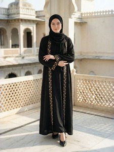 Abaya noire brodée à manches longues, robe modeste longue jusqu'au sol pour femmes, style Moyen-Orient, tenue quotidienne, couleur unie, coupe ample - Product Image 2