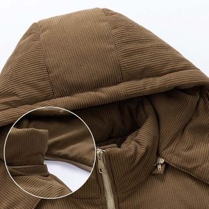 Unisex Winter Hooded Puffer <b>Jacket</b> <b>Corduroy</b> Stand Collar Zipper Closure Thick Polyester Wadding Casual Solid Color Regular Fit - Product Image 5