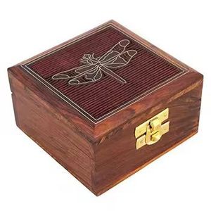 Handcrafted Rosewood Jewelry <b>Box</b> Vintage Round Brass Inlay Floral Carved Wooden <b>Keepsake</b> Chest Small Square Trinket Organizer - Product Image 2