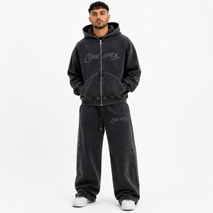 <b>Black</b> <b>Zip</b> Up <b>Hoodie</b> Sweatpants Set Men's Streetwear Two Piece Tracksuit Custom Graphic Jogger Outfit Wholesale OEM - Product Image 1