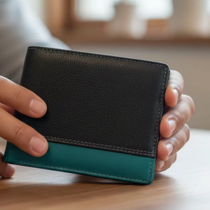 WRIZA Black and Petrol Cow Leather <b>RFID</b> <b>Blocking</b> Bifold <b>Wallet</b>-Durable Slim Daily Use Handcrafted Genuine Leather Gift - Product Image 1