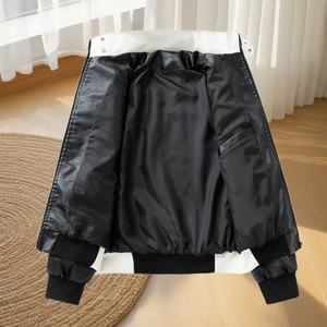 Men's PU Premium Leather <b>Jacket</b> Color Blocking Stand Collar Zipper Closure Casual Autumn Wear Regular Fit - Product Image 3