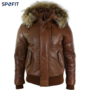 <b>Men's</b> Custom Leather Bomber Hooded <b>Jacket</b> Zipper Closure <b>Woollen</b> Silk Shell Casual Outerwear Winter Soft Breathable - Product Image 5