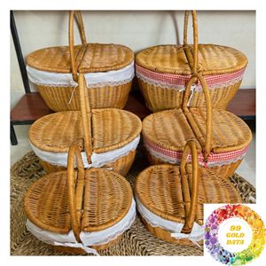 Panier de pique-nique en osier naturel avec ou sans couvercle, grand et petit panier en rotin avec poignée pour repas en plein air, camping, boutique - Product Image 1