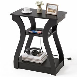 Table de chevet à 3 niveaux avec station de charge USB et prises de type C, petite table d'appoint en bois noir - Product Image 2