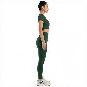 <b>STAR</b> SPEEDWomen's Green Ribbed Yoga Set High Waist Full Length Leggings Short Sleeve Crop <b>Top</b> Seamless Four-Way Stretch - Product Image 5