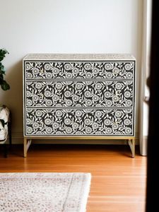 Commode unique en bois sculpté avec incrustations de os, meuble de rangement artisanal pour chambres et espaces de vie de luxe - Product Image 1
