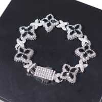 Bracelet Hip Hop Miami Cuban Link en Argent Sterling 925 Plaqué Rhodium, Micro-Pavé de Moissanite Noire Luxe en Forme de Fleur