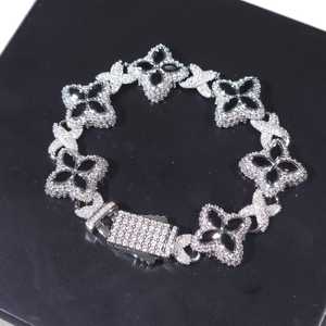 Luxury Black Flower Moissanite Iced 925 Sterling <b>Silver</b> Micro Pave Setting Clover Link Hip Hop <b>Bracelet</b> Women Fine - Product Image 6