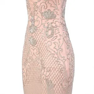Robe de soirée sirène de luxe rose nude perlée à manches longues, illusion transparente, décolleté plongeant, pour femme - Product Image 6