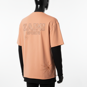 เสื้อยืดผู้ชายทรงหลวมพิมพ์ลาย สไตล์สตรีท ผ้าคอตตอนหนาสองชั้น โลโก้พิมพ์ ทรงหลวม ใส่สบาย ผลิตจากผ้าฝ้าย 100% สีพีช - Product Image 5