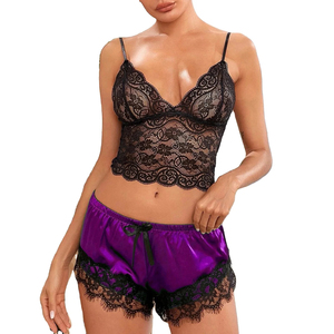 Women's 2-Piece Lace Sleepwear Set Black <b>Spaghetti</b> Strap Top Purple Satin Shorts Sexy Lounge Wear Summer Style - Product Image 1