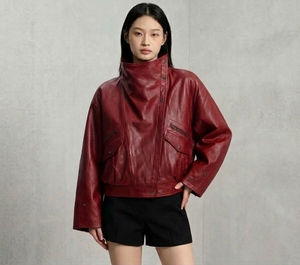 Wholesale <b>Women</b> Genuine <b>Leather</b> Motorcycle <b>Jacket</b> Stand Collar Full Sleeve Drop Shoulder Solid Color Autumn Outerwear - Product Image 1
