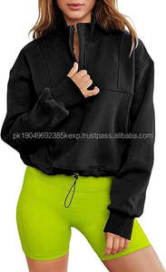 Sweat à capuche en coton molletonné à demi-zip avec cordon de serrage à l'ourlet, tendance printemps-automne - Product Image 6