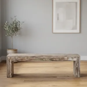 Banc en bois Kanor Whitewash, style rustique, long, minimaliste, finition vieillie, pour entrée et salle à manger - Product Image 2
