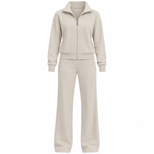 Ensemble de survêtement beige pour femme, veste et pantalon ajustés décontractés, tenue de détente deux pièces assortie - Product Image 1