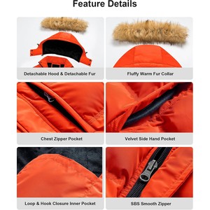 Blouson d'hiver matelassé à capuche pour homme, coupe-vent, avec blocs de couleur orange et noir, fermeture éclair, décontracté, en polyester épais, coupe régulière - Product Image 5