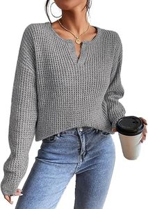 Pulls décontractés pour femmes à épaules tombantes, manches longues, col en V – Tendances mode automne 2026 - Product Image 1