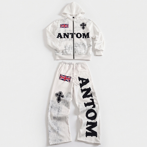 Ensemble survêtement homme streetwear Y2K personnalisé, imprimé graphique drapeau britannique et croix, sweat à capuche et pantalon de jogging en molleton oversize, blanc - Product Image 1