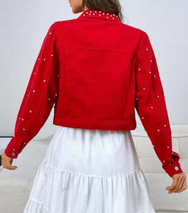<b>Red</b> Denim Breathable Distressed <b>Crop</b> Jacket with Rhinestone Floral Print Formal Style Autumn Wear - Product Image 2