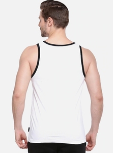 Men's White Cotton Tank Top With Black Trim And Front Letter Print Casual Sleeveless O-Neck Design Breathable Knitted Style - Product Image 4
