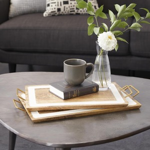 Plateau de service rectangulaire en bois de manguier, incrustation émail blanc, poignées métalliques dorées, vaisselle décorative, vente en gros, cadeau - Nouveauté très prisée - Product Image 5