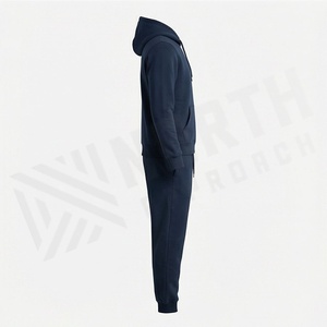 Survêtement à capuche bleu marine pour homme, manches longues, couleur unie, tenue décontractée avec cordon de serrage et poches latérales - Product Image 3