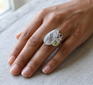 Wholesale Natural <b>Black</b> Rutile 925 Sterling Silver Multi Gemstone <b>Ring</b> with Iolite and Peridot Handmade Elegant Jewelry - Product Image 5