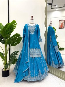 ชุดเลเฮนกาปักลายสีน้ำเงินแบบอานาร์กาลี ชุดเดรสผู้หญิงอินเดียปากีสถานแบบดั้งเดิมสำหรับงานแต่งงานและงานปาร์ตี้ - Product Image 1