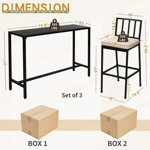 Table de bar rectangulaire haute de 55 pouces et 2 tabourets de bar rembourrés, ensemble de bar d'extérieur 3 pièces en métal C - Product Image 2