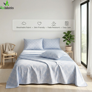 King Size Light Blue Geometric Bedsheet <b>Set</b> | Soft Cotton <b>Bedding</b> <b>Set</b> with Pillow Covers | Lightweight Modern Bedroom Decor Bed - Product Image 6