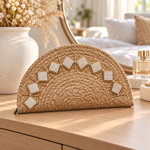 Sac à main demi-lune en jute personnalisable et écologique pour femme, 15x7 pouces, avec perles géométriques et garniture dorée, impression sérigraphique promotionnelle - Product Image 6
