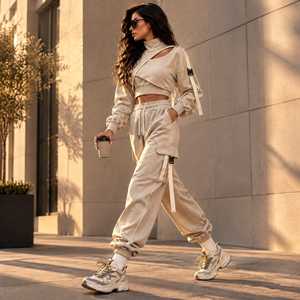 Ensemble de survêtement athleisure gris deux pièces pour femme, haut à capuche court à manches longues et pantalon cargo jogger - Product Image 4