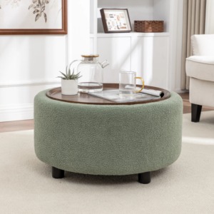 Table basse ronde moderne en tissu vert avec plateau en bois, meubles de salon, design contemporain, style ottoman multifonctionnel - Product Image 1
