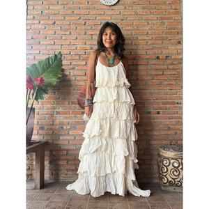 Vestido Maxi Bohemio Blanco con Volantes y Capas, Sin Mangas, Tejido, Cintura Natural, Algodón Orgánico Ecológico, para Verano, Playa y Resort - Product Image 1