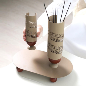 Modern 2-Piece Metal Bakhoor Incense Burner Set, Geometric Cutout Oud Burners With Wooden Ball Accents & Matching Serving <b>Tray</b> - Product Image 5