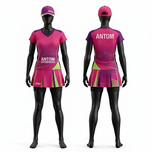 Custom Sublimated <b>Pink</b> Purple Netball Uniform Set V Neck Jersey Pleated <b>Skirt</b> With Shorts Breathable Sports Team Wear For <b>Women</b> - Product Image 1
