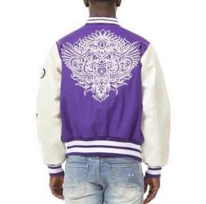 <b>Men's</b> <b>Purple</b> Varsity Jacket Embroidered Faces Streetwear Turn-down Collar Regular Fit Autumn Wear - Product Image 4
