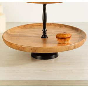 Three-<b>Tier</b> Wooden <b>Cake</b> Stand Featuring Natural Wood Grain Trays Black Metal Spindle Rod Convenient Ring Handle For Serving - Product Image 4