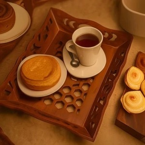 Plateau décoratif en bois fait main moderne, rectangulaire, design géométrique en nid d'abeille, style rustique, avec poignée, par UO INDIA - Product Image 2