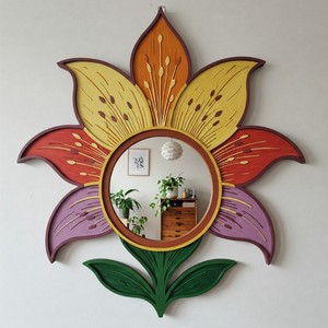 Espejo redondo de madera hecho a mano con diseño floral, decoración de pared bohemia para la sala de estar, decoración del hogar. - Product Image 2