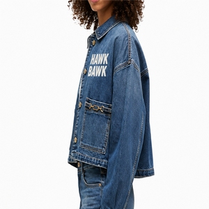 Veste en jean pour femme, respirante, avec imprimé Hawk Bawk, manches longues, col rabattu, longueur courte, style automne, sur mesure - Product Image 3