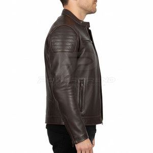 Veste de motard en cuir de vachette personnalisée pour homme, marron, avec col montant et poches zippées, vente en gros - Product Image 2