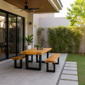 Ensemble de salle à manger rectangulaire en bois de Suar massif avec pieds en fer noir, table en bois naturel durable et 2 bancs pour café et hôtel - Product Image 6