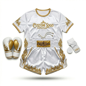 Ensemble d'uniformes de boxe personnalisés avec logo, broderie or blanc, motif flamme, unisexe, pour adultes, kit de vêtements d'arts martiaux - Product Image 1
