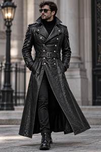 Manteau long en cuir véritable pour homme, col à revers, double boutonnage avec épaulettes, coupe classique - Product Image 2