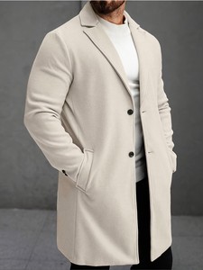 Manteau long en laine pour homme, col à revers, simple boutonnage, coupe ajustée, beige clair, réversible laine/polyester, épais et chaud pour l'hiver - Product Image 2