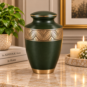 โกศโลหะทรงสูงสีเขียวเข้ม ดีไซน์ลายใบไม้ พร้อมฝาปิดแน่นหนา สำหรับตกแต่งและเป็นที่ระลึก - Product Image 1